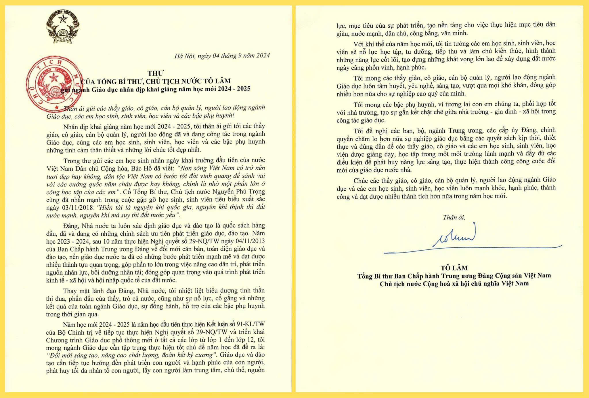 Thư của Tổng Bí thư, Chủ tịch nước Tô Lâm gửi ngành Giáo dục nhân dịp khai giảng năm học 2024-2025