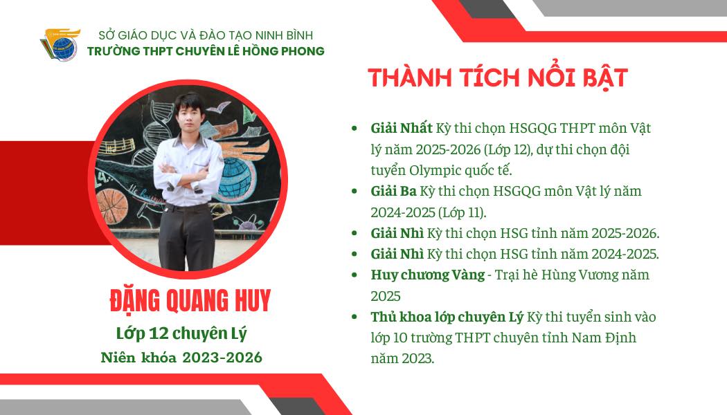 Đặng Quang Huy - Giải Nhất kì thi chọn học sinh giỏi Quốc gia môn Vật lí năm học 2025 - 2026