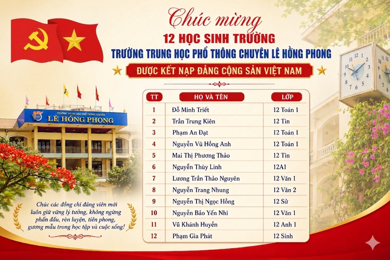 CHÚC MỪNG 12 HỌC SINH TRƯỜNG THPT CHUYÊN LÊ HỒNG PHONG ĐƯỢC KẾT NẠP ĐẢNG CỘNG SẢN VIỆT NAM 