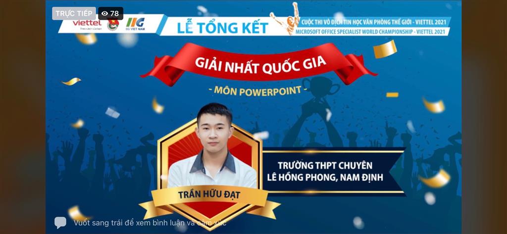 Thầy trò trường THPT chuyên Lê Hồng Phong được vinh danh trong Lễ tổng kết và trao giải quốc gia Cuộc thi Vô địch Tin học văn phòng Thế giới – Viettel 2021